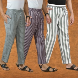Combo of 3 Men Stripe Cotton Handloom Pant Gray Purple and Gray-15456