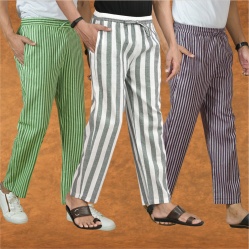 Combo of 3 Men Stripe Cotton Handloom Pant Gray Purple and Olive Green-15392