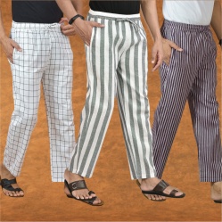 Combo of 3 Men Stripe Cotton Handloom Pant Gray Purple and White-15311