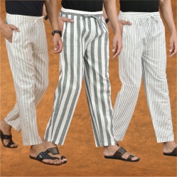 Combo of 3 Men Stripe Cotton Handloom Pant Gray White and Beige-15366