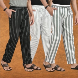 Combo of 3 Men Stripe Cotton Handloom Pant Gray White and Black-15486