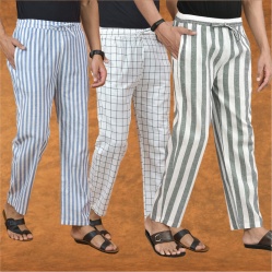 Combo of 3 Men Stripe Cotton Handloom Pant Gray White and Blue-15211