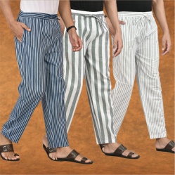 Combo of 3 Men Stripe Cotton Handloom Pant Gray White and Blue-15485