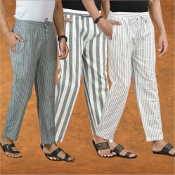 Combo of 3 Men Stripe Cotton Handloom Pant Gray White and Gray-15466