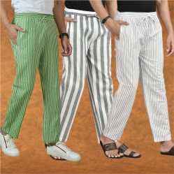Combo of 3 Men Stripe Cotton Handloom Pant Gray White and Olive Green-15402