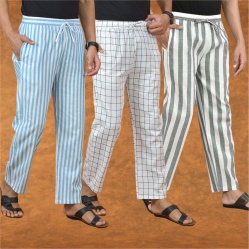Combo of 3 Men Stripe Cotton Handloom Pant Gray White and Sky Blue-15144