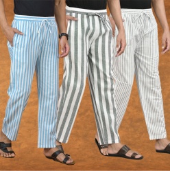Combo of 3 Men Stripe Cotton Handloom Pant Gray White and Sky Blue-15199