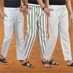 Combo of 3 Men Stripe Cotton Handloom Pant Gray White and White-15321