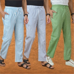 Combo of 3 Men Stripe Cotton Handloom Pant Olive Green Blue and Sky Blue-15124