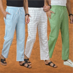 Combo of 3 Men Stripe Cotton Handloom Pant Olive Green White and Sky Blue-15135