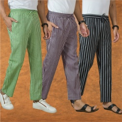 Combo of 3 Men Stripe Cotton Handloom Pant Purple Black and Olive Green-15376