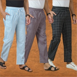 Combo of 3 Men Stripe Cotton Handloom Pant Purple Black and Sky Blue-15166