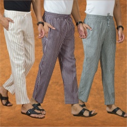 Combo of 3 Men Stripe Cotton Handloom Pant Purple Gray and Beige-15346