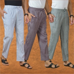 Combo of 3 Men Stripe Cotton Handloom Pant Purple Gray and Blue-15246