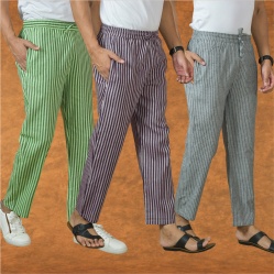 Combo of 3 Men Stripe Cotton Handloom Pant Purple Gray and Olive Green-15382