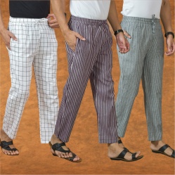 Combo of 3 Men Stripe Cotton Handloom Pant Purple Gray and White-15301