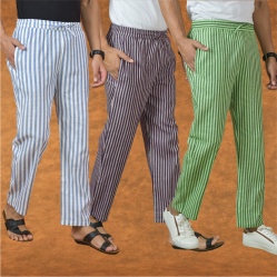 Combo of 3 Men Stripe Cotton Handloom Pant Purple Olive Green and Blue-15225