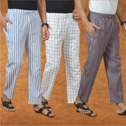 Combo of 3 Men Stripe Cotton Handloom Pant Purple White and Blue-15205