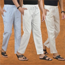 Combo of 3 Men Stripe Cotton Handloom Pant White Beige and Blue-15220