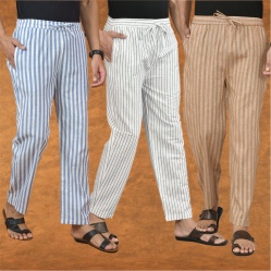 Combo of 3 Men Stripe Cotton Handloom Pant White Beige and Blue-15259