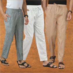 Combo of 3 Men Stripe Cotton Handloom Pant White Beige and Gray-15459