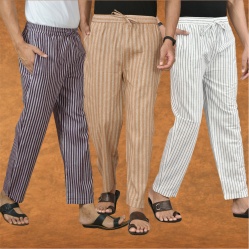 Combo of 3 Men Stripe Cotton Handloom Pant White Beige and Purple-15469