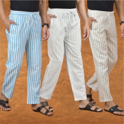Combo of 3 Men Stripe Cotton Handloom Pant White Beige and Sky Blue-15153
