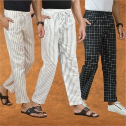 Combo of 3 Men Stripe Cotton Handloom Pant White Black and Beige-15337