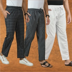 Combo of 3 Men Stripe Cotton Handloom Pant White Black and Black-15408