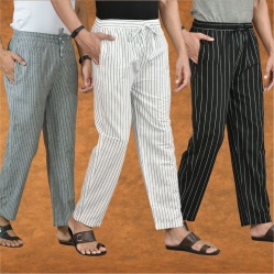 Combo of 3 Men Stripe Cotton Handloom Pant White Black and Gray-15464