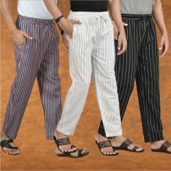 Combo of 3 Men Stripe Cotton Handloom Pant White Black and Purple-15474