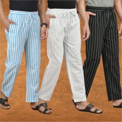 Combo of 3 Men Stripe Cotton Handloom Pant White Black and Sky Blue-15197