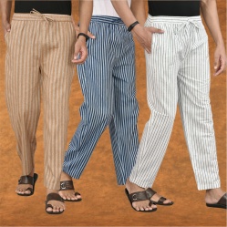 Combo of 3 Men Stripe Cotton Handloom Pant White Blue and Beige-15478