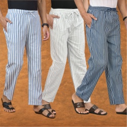 Combo of 3 Men Stripe Cotton Handloom Pant White Blue and Blue-15262