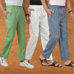 Combo of 3 Men Stripe Cotton Handloom Pant White Blue and Olive Green-15398
