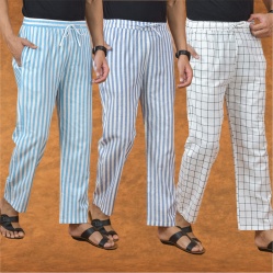 Combo of 3 Men Stripe Cotton Handloom Pant White Blue and Sky Blue-15122