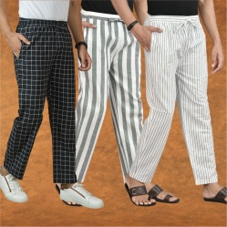 Combo of 3 Men Stripe Cotton Handloom Pant White Gray and Black-15430
