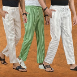 Combo of 3 Men Stripe Cotton Handloom Pant White Olive Green and Beige-15329