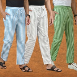 Combo of 3 Men Stripe Cotton Handloom Pant White Olive Green and Sky Blue-15162