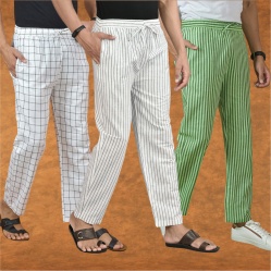 Combo of 3 Men Stripe Cotton Handloom Pant White Olive Green and White-15284