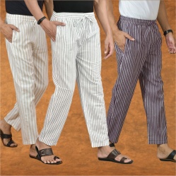 Combo of 3 Men Stripe Cotton Handloom Pant White Purple and Beige-15355