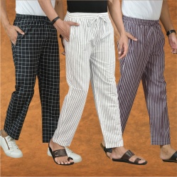 Combo of 3 Men Stripe Cotton Handloom Pant White Purple and Black-15419
