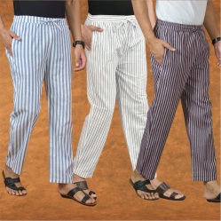Combo of 3 Men Stripe Cotton Handloom Pant White Purple and Blue-15255