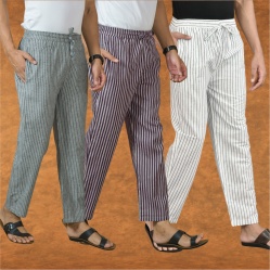 Combo of 3 Men Stripe Cotton Handloom Pant White Purple and Gray-15455