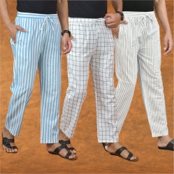 Combo of 3 Men Stripe Cotton Handloom Pant White White and Sky Blue-15143