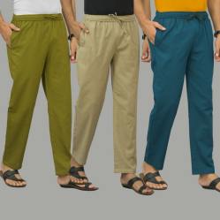 Combo of 3 Mos Green Beige and Blue Cotton Men Pants-45965