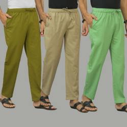 Combo of 3 Mos Green Beige and Parrot Green Cotton Men Pants-45964