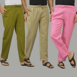 Combo of 3 Mos Green Beige and Pink Cotton Men Pants-45966