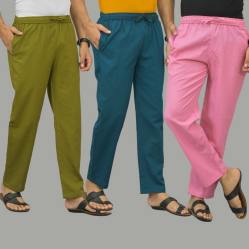 Combo of 3 Mos Green Blue and Pink Cotton Men Pants-45969