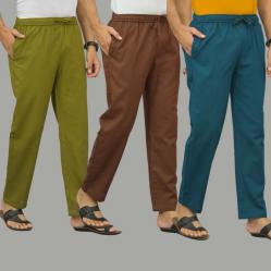 Combo of 3 Mos Green Coffee Brown and Blue Cotton Men Pants-45958